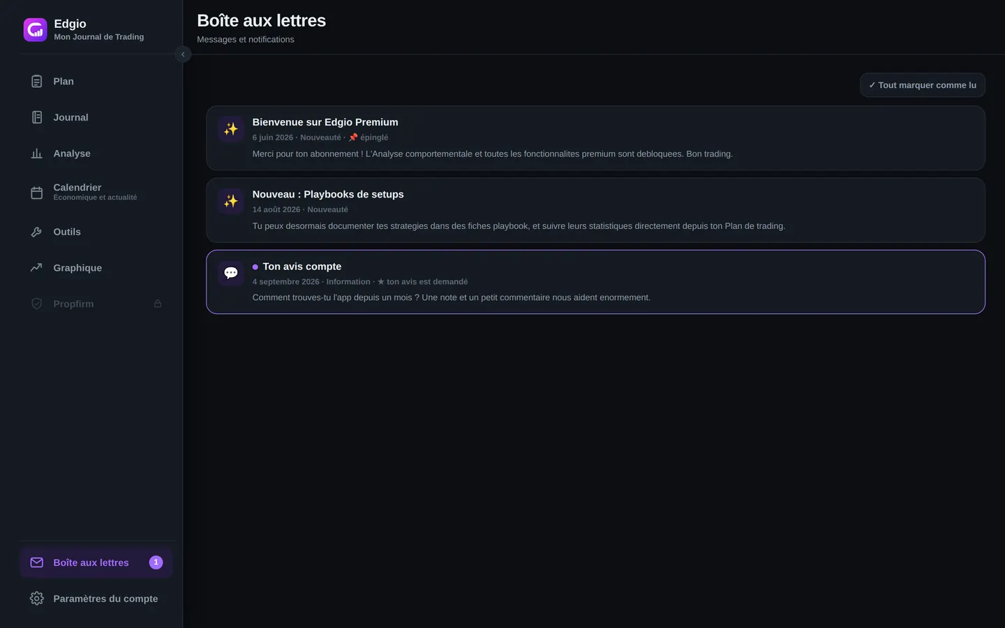 Boîte aux lettres d'Edgio : messages de nouveautés du produit, annonce des playbooks de setups et demande d'avis sur l'application