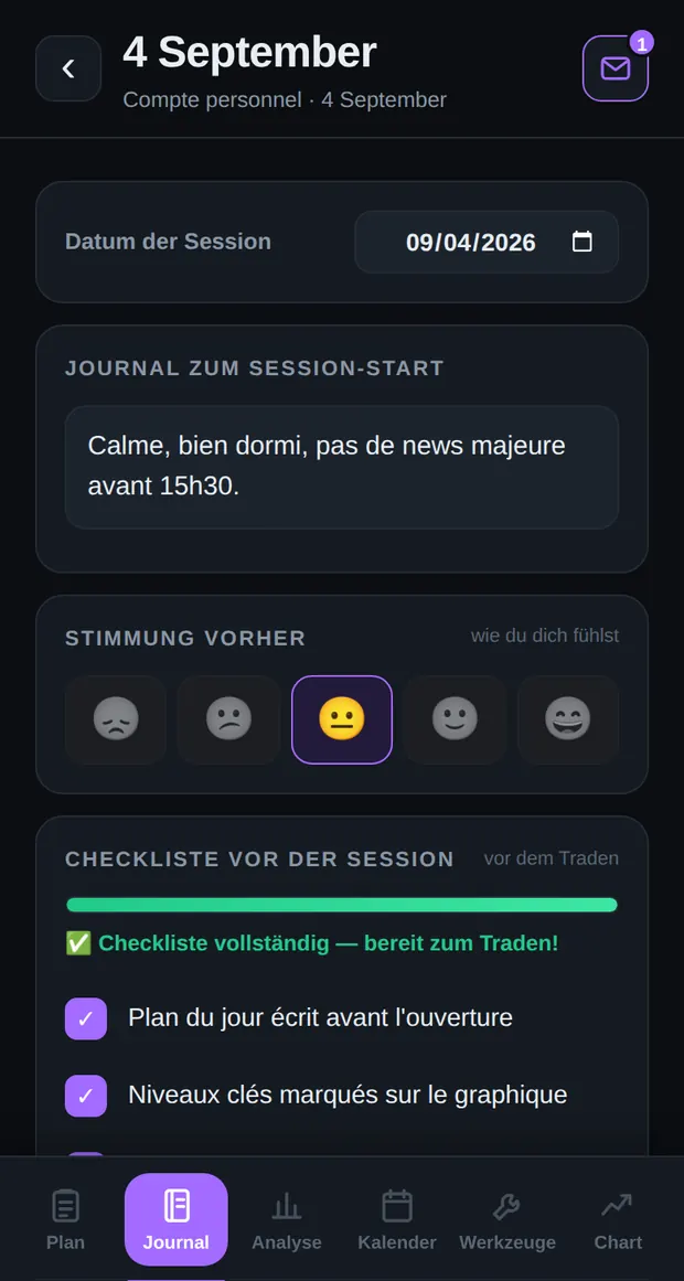Laufende Session in Edgio auf dem Smartphone: Stimmung vor der Session, abgehakte Pre-Session-Checkliste und selbst geschriebene Tagesziele