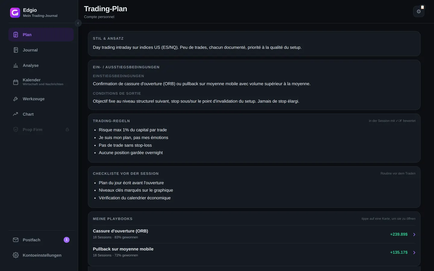 Trading-Plan-Seite von Edgio: Stil und Ansatz, Ein- und Ausstiegsbedingungen, in der Session bewertete Trading-Regeln, Pre-Session-Checkliste und Playbook-Karten mit ihren Statistiken
