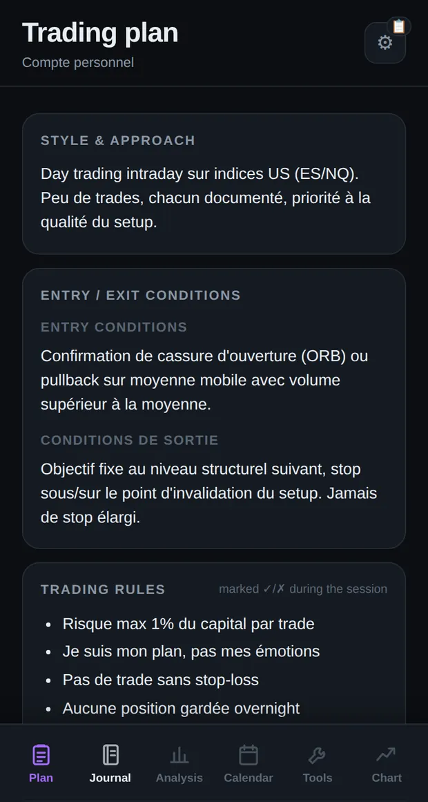 Edgio's trading plan on mobile: style and approach, entry and exit conditions, trading rules rated in session