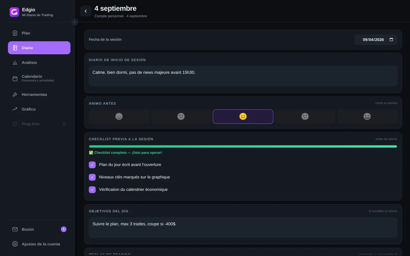 Sesión detallada en Edgio en ordenador: diario de inicio de sesión, ánimo previo en cinco niveles, checklist previa completada 3 de 3 y objetivos del día escritos a mano