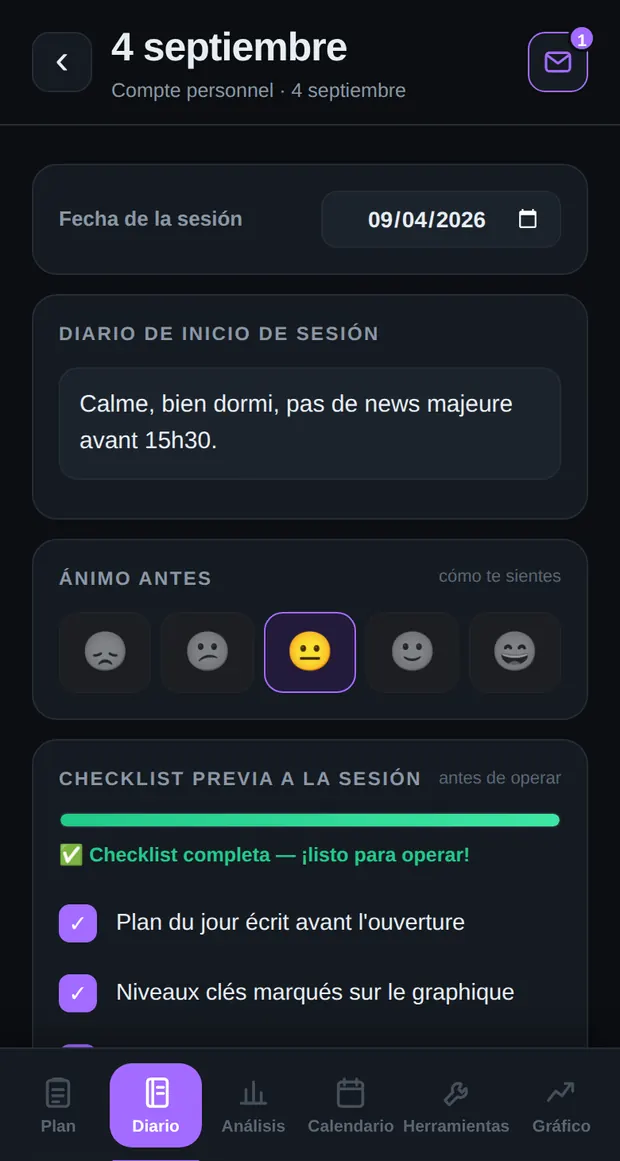 Sesión en curso en Edgio en el móvil: estado de ánimo antes de la sesión, checklist previa marcada y objetivos del día escritos a mano