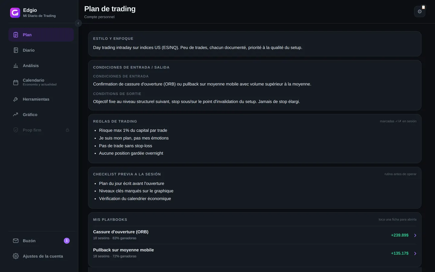 Página Plan de trading de Edgio: estilo y enfoque, condiciones de entrada y de salida, reglas de trading evaluadas en sesión, checklist previa y fichas playbook con sus estadísticas