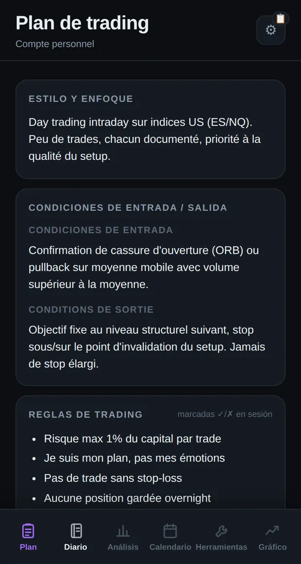 Plan de trading de Edgio en el móvil: estilo y enfoque, condiciones de entrada y de salida, reglas de trading evaluadas en sesión