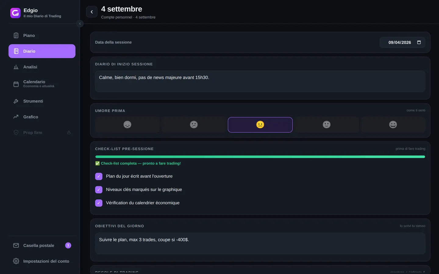 Sessione dettagliata in Edgio su computer: diario di inizio sessione, umore di prima su cinque livelli, checklist pre-sessione completata 3 su 3 e obiettivi del giorno scritti a mano