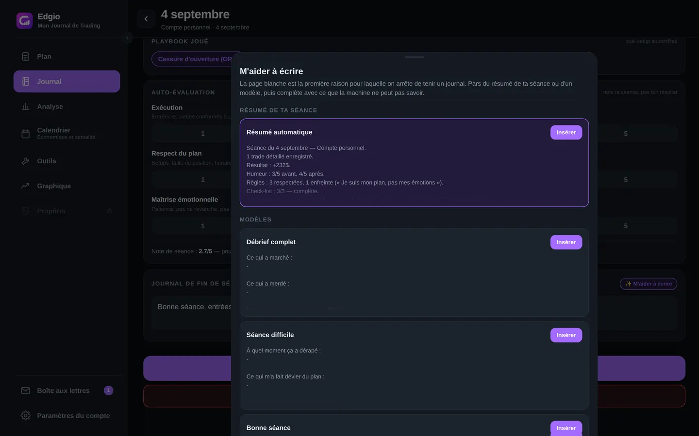 Aide à la rédaction du journal dans Edgio : résumé automatique de la séance à insérer en un clic, puis modèles de débrief complet, de séance difficile et de bonne séance