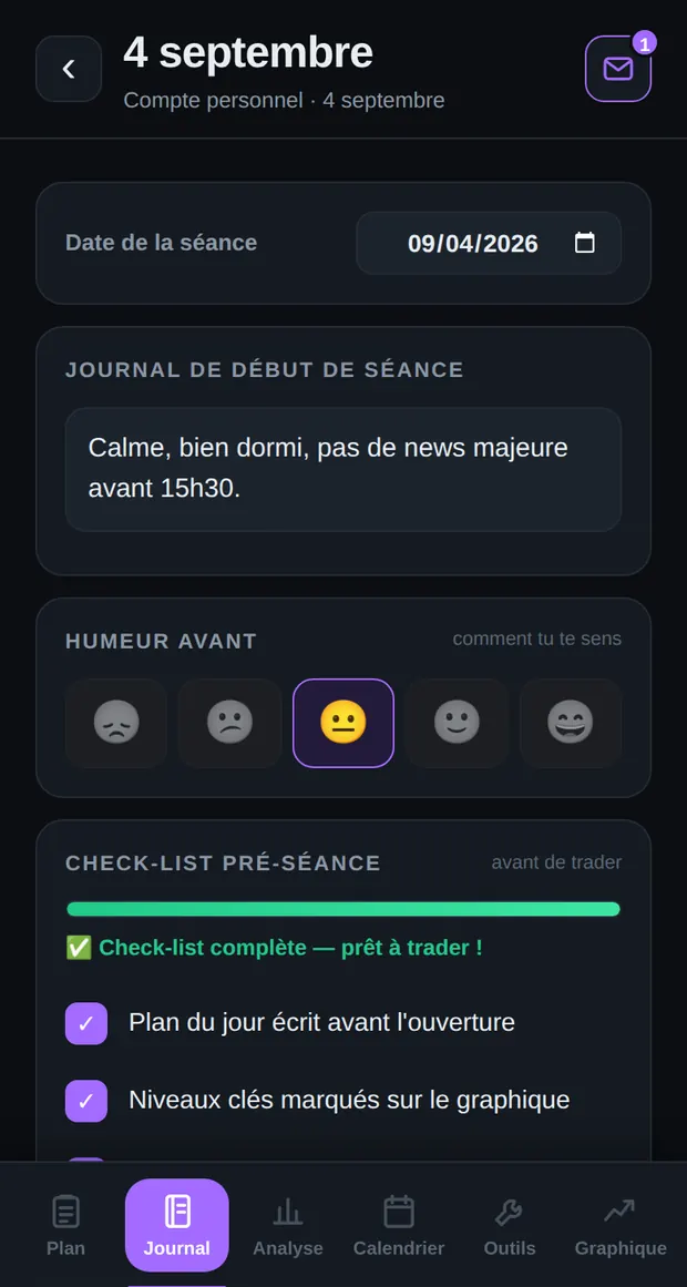 Séance en cours dans Edgio sur mobile : humeur d'avant séance, check-list de préséance cochée et objectifs du jour écrits à la main