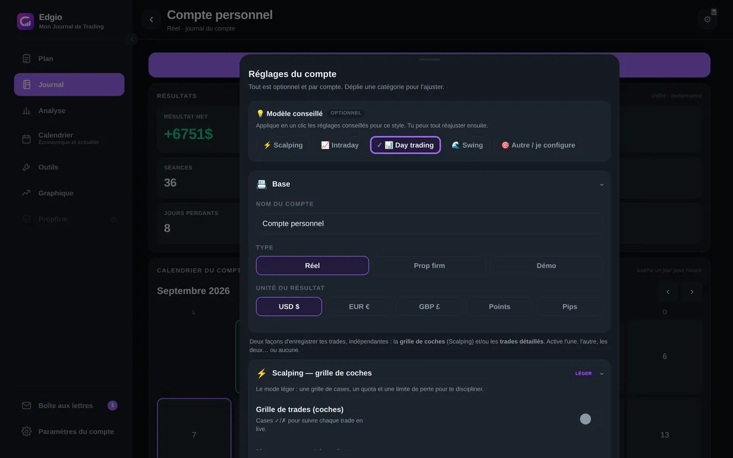 Réglages d'un compte dans Edgio : modèle conseillé par style (scalping, intraday, day trading, swing), nom du compte, type réel / prop firm / démo, unité du résultat en dollars, euros, livres, points ou pips, et activation de la grille de coches