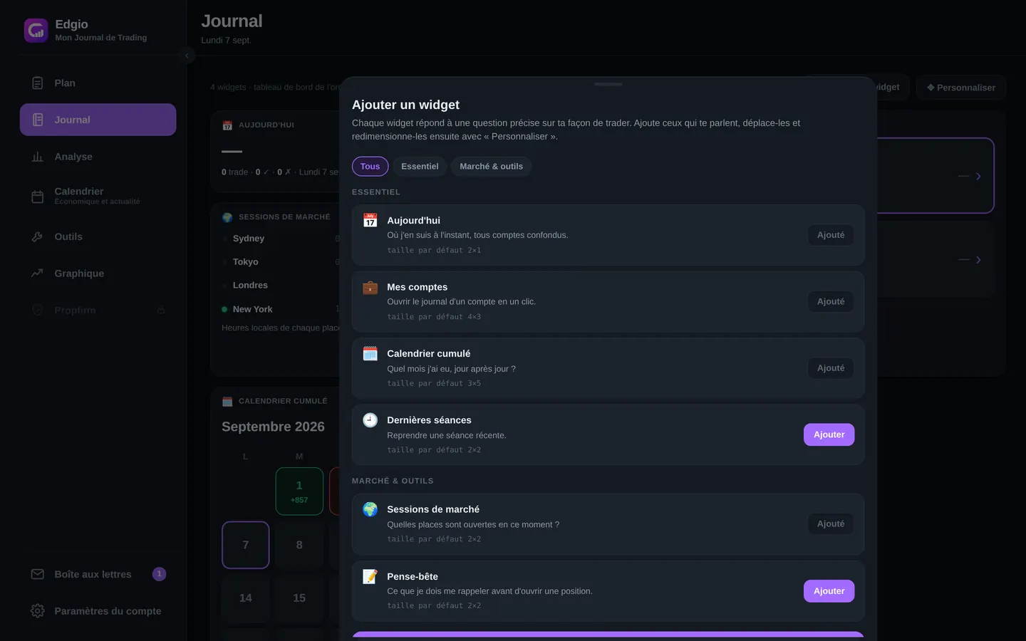 Ajout d'un widget au tableau de bord d'Edgio : catalogue de widgets Aujourd'hui, Mes comptes, Calendrier cumulé, Dernières séances, Sessions de marché et Pense-bête, chacun avec sa taille par défaut