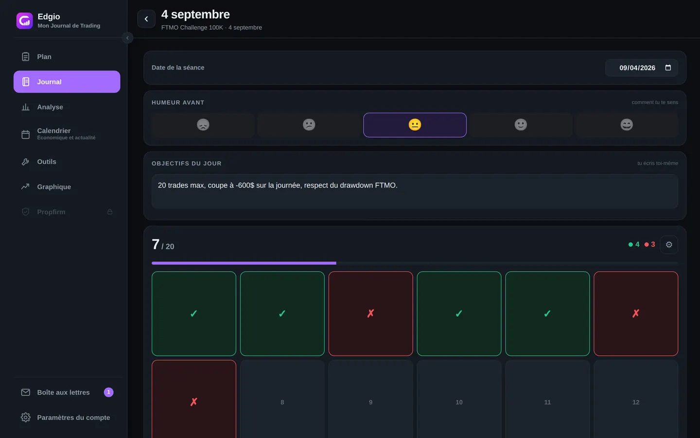 Grille de notation ultra-rapide d'Edgio pendant une séance de scalping : 7 trades sur 20 déjà cochés gagnant ou perdant d'un tap, avec un compteur 4 gagnants / 3 perdants et une barre de progression